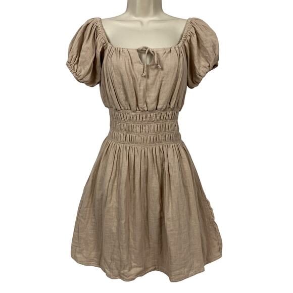 Vtg Poof Dress Womens Large Beige Tan Smocked Gauzy Milkmaid Peasant Babydoll - Picture 1 of 13